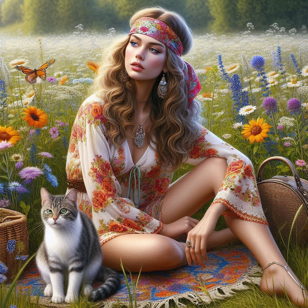 60s, A pretty hippie woman.