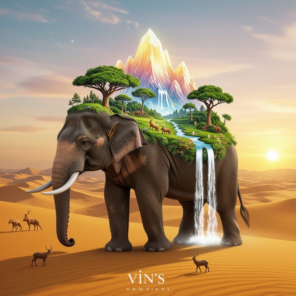 "A majestic, ancient elephant, its skin like weathered stone and tree bark, slowly lumbering across a vast, golden desert. Upon its colossal...