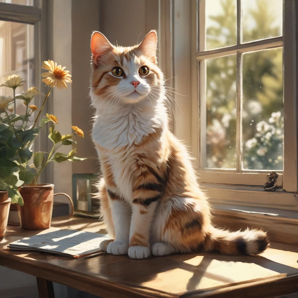 An artistic illustration of an adorable cat sitting on a table by a window, outside the sun is shining ...  by @g r r c