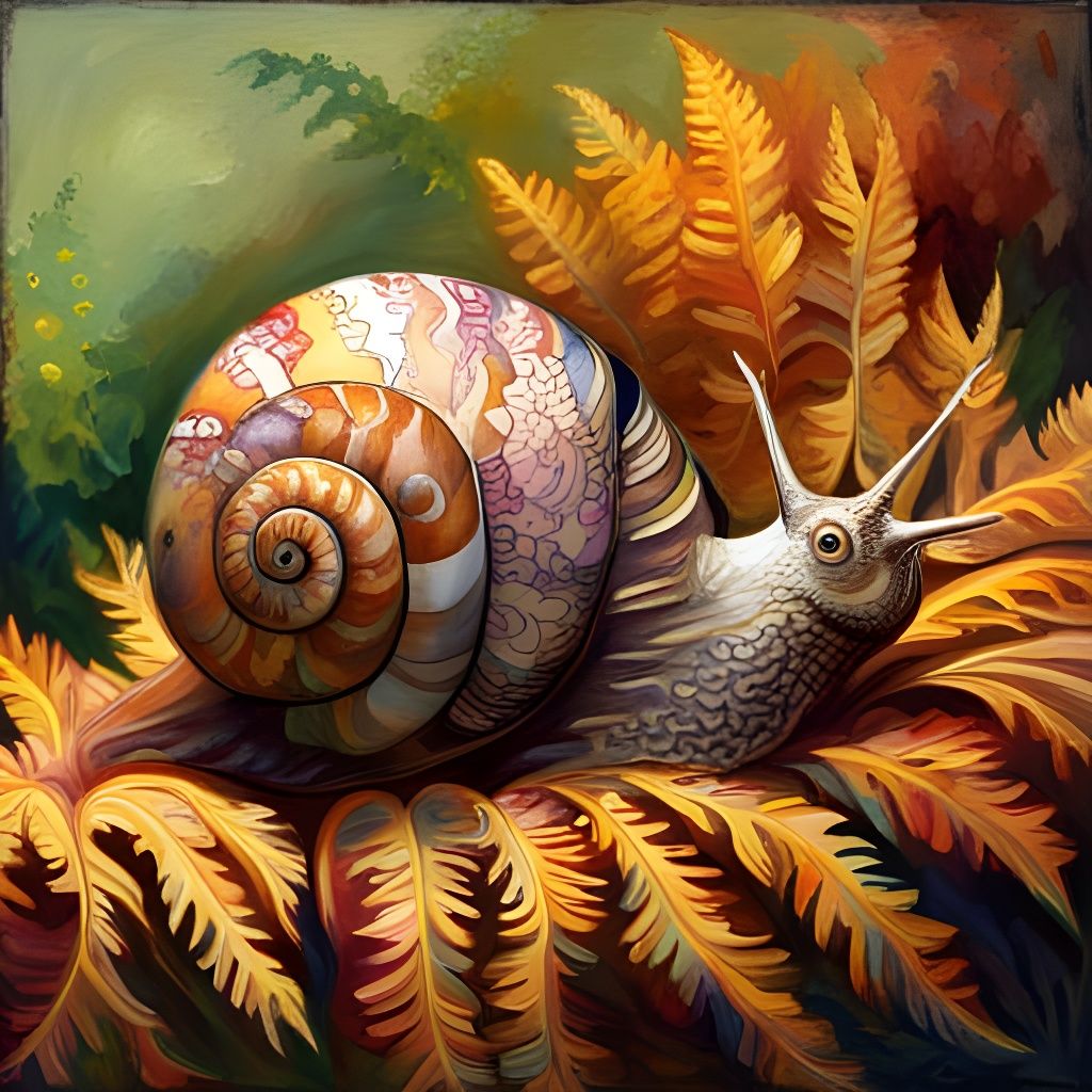 beautiful elaborately decorated snail shell on a fern  by @Tina auf der Blumenwiese