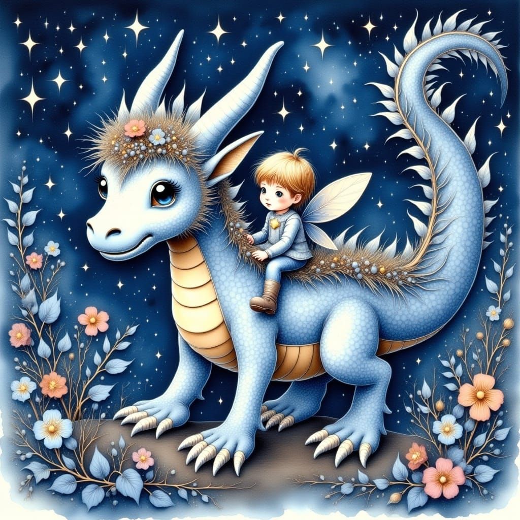 <lora:Cute Vintage flux:1.0> Inkdrip Watercolor and charcoal. Hand drawn effect. Style of holly hobbie. A little cute dragon with a tiny boy...