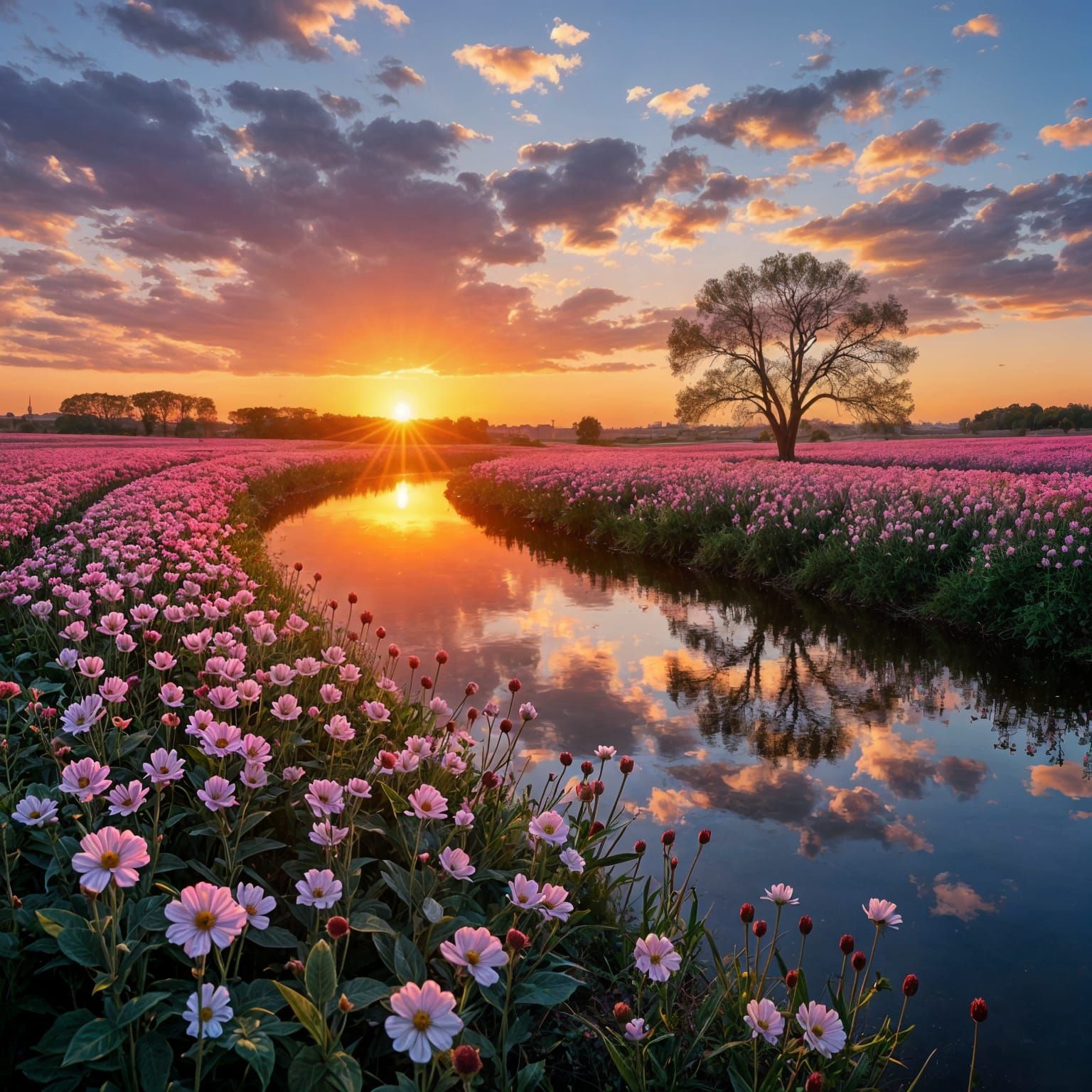 Cotton Fields and Cherry Blossoms Reflected in Sunset River