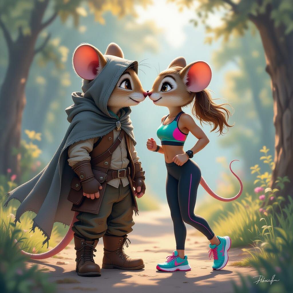 a highly detailed anthropomorphic mouse in shabby clothes, boots and a gray cape on his shoulders and head. Met a beautiful anthropomorphic ...