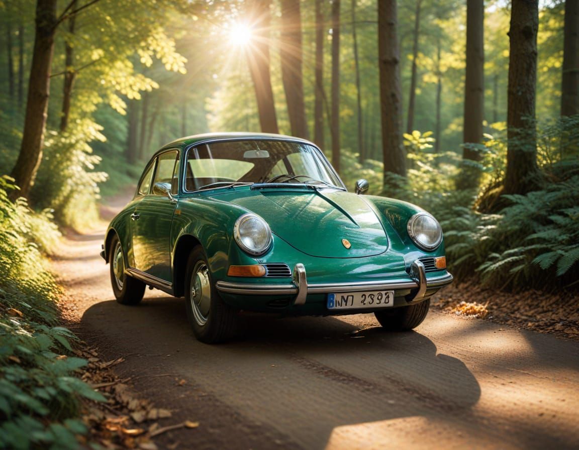 Vivid color photograph. Medium shot. A Lohner Porsche Semper Vivus in emerald green driving on a forest ...  by @Yannick Chevallier