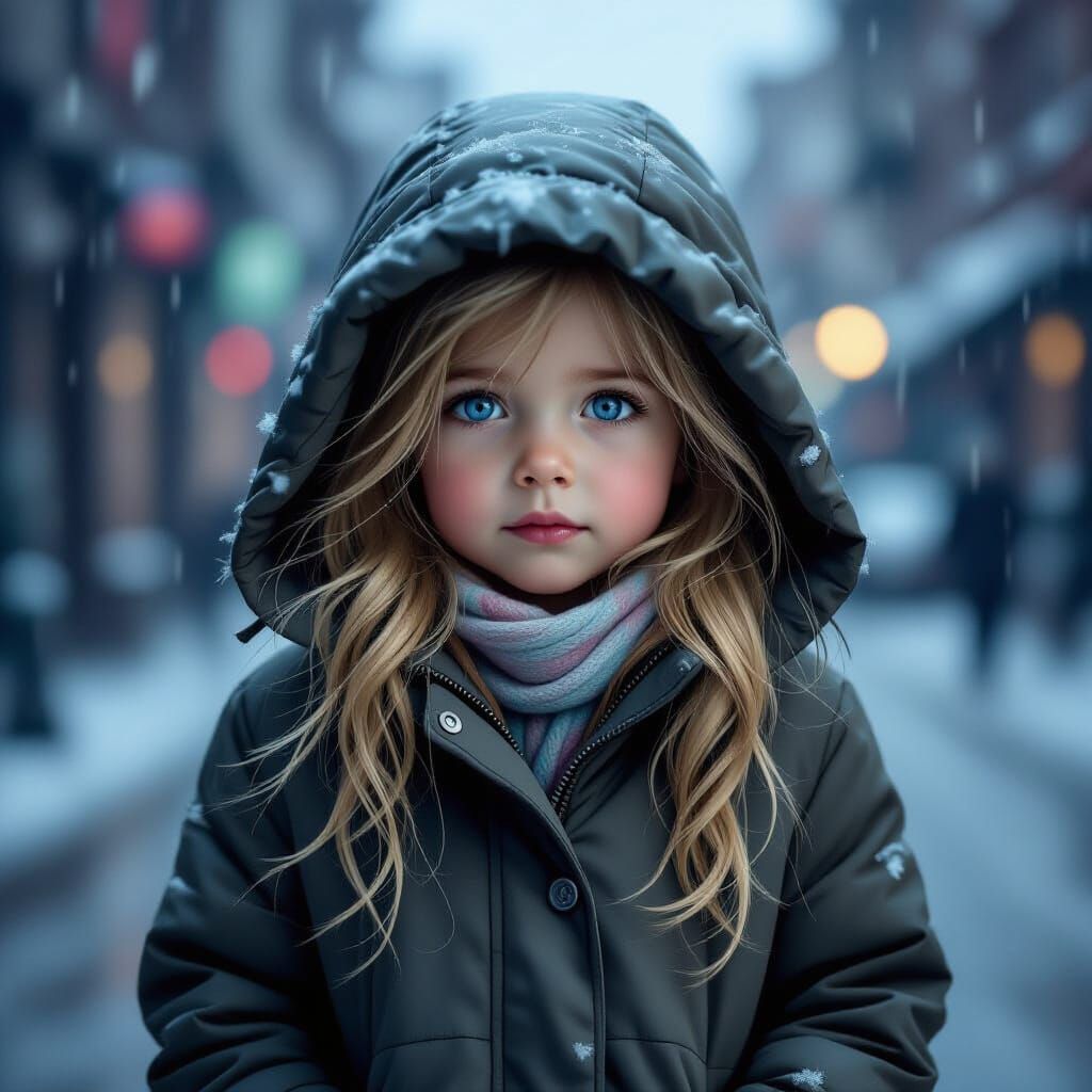 Girl Shivering in Winter Rain, Hyperrealistic Style