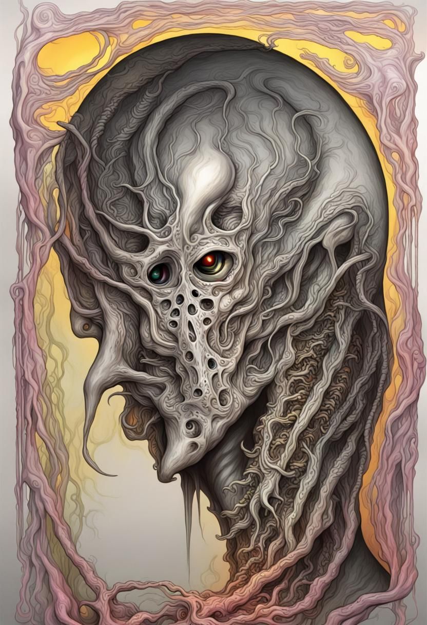 Black and white  eldritch wraith with a colorful twisted fle...