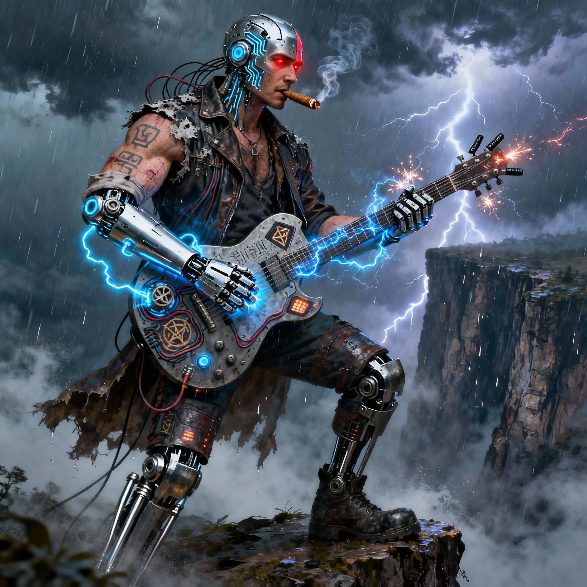 A half-cybernetic man — a battle-hardened figure standing on the edge of a cliff during a violent thunderstorm — plays his electric guitar a...