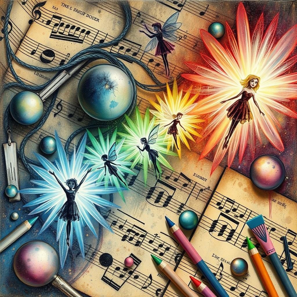 Kids Crayon drawings  of fairies  drawn on  musical sheet mu...
