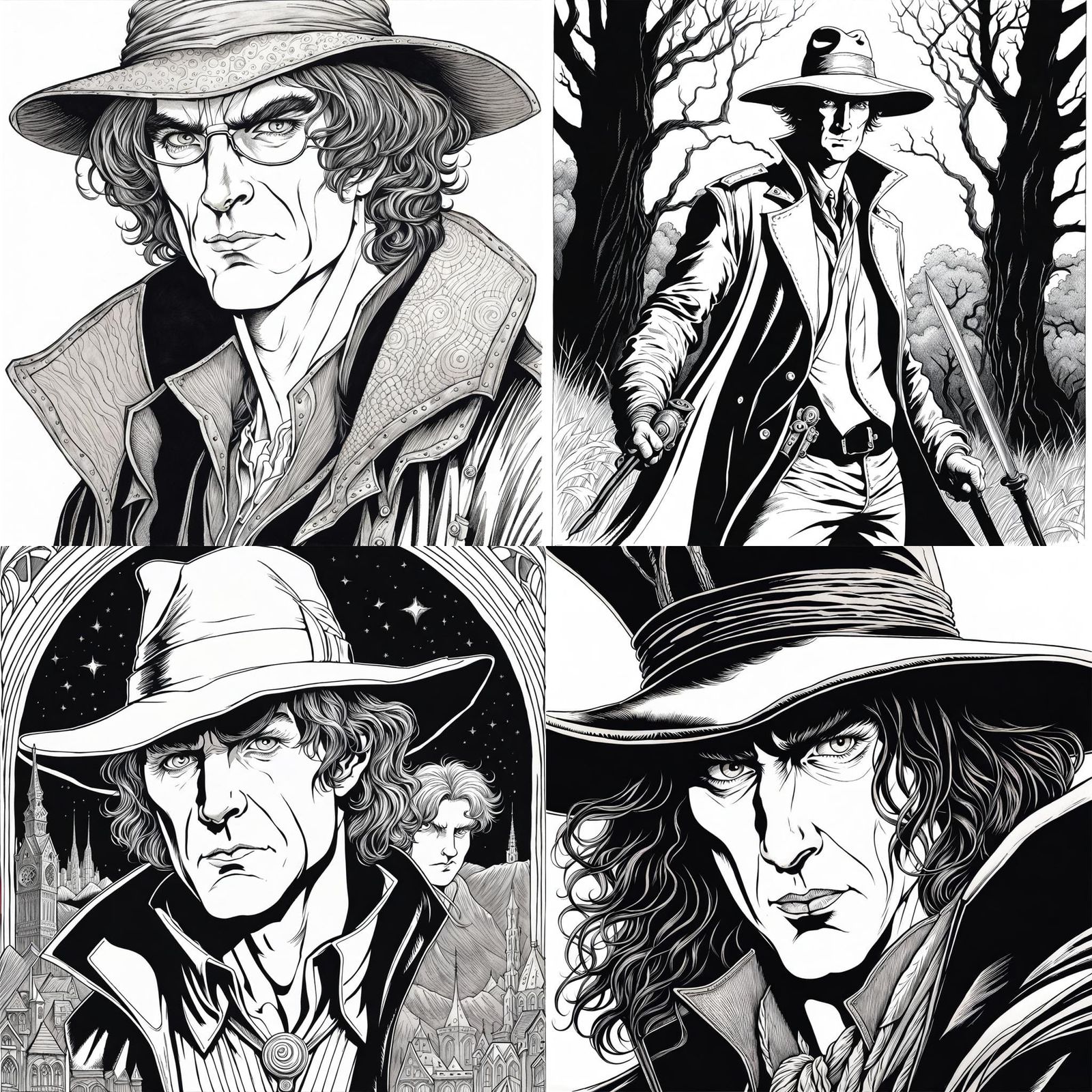 adult Harry Dresden in the style of Chris Riddell, black and white ink