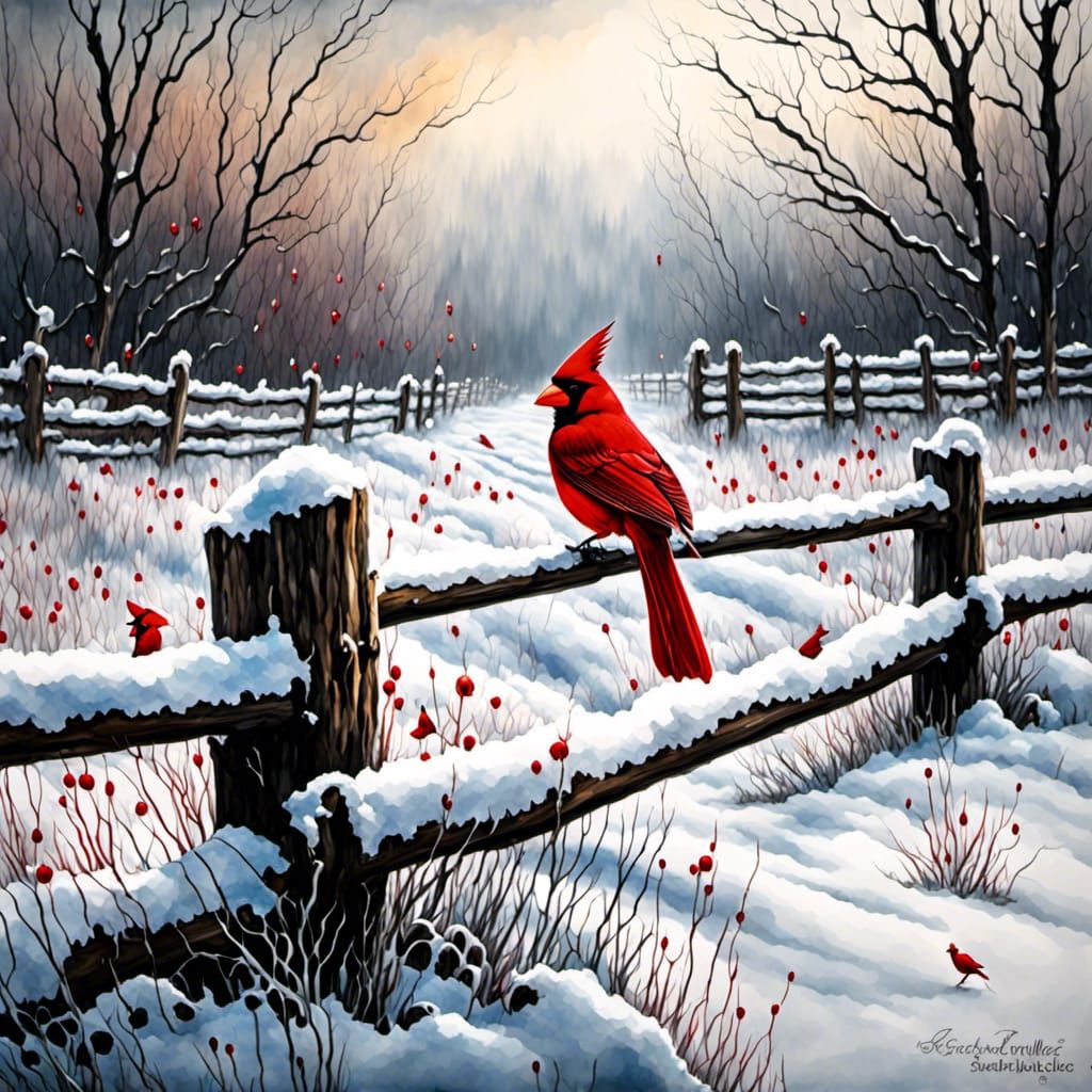 <lora:WatercolorSplash:1.0> White monochromatic scene of a snowy field with a selective color red cardinal sitting in a log fence selective...
