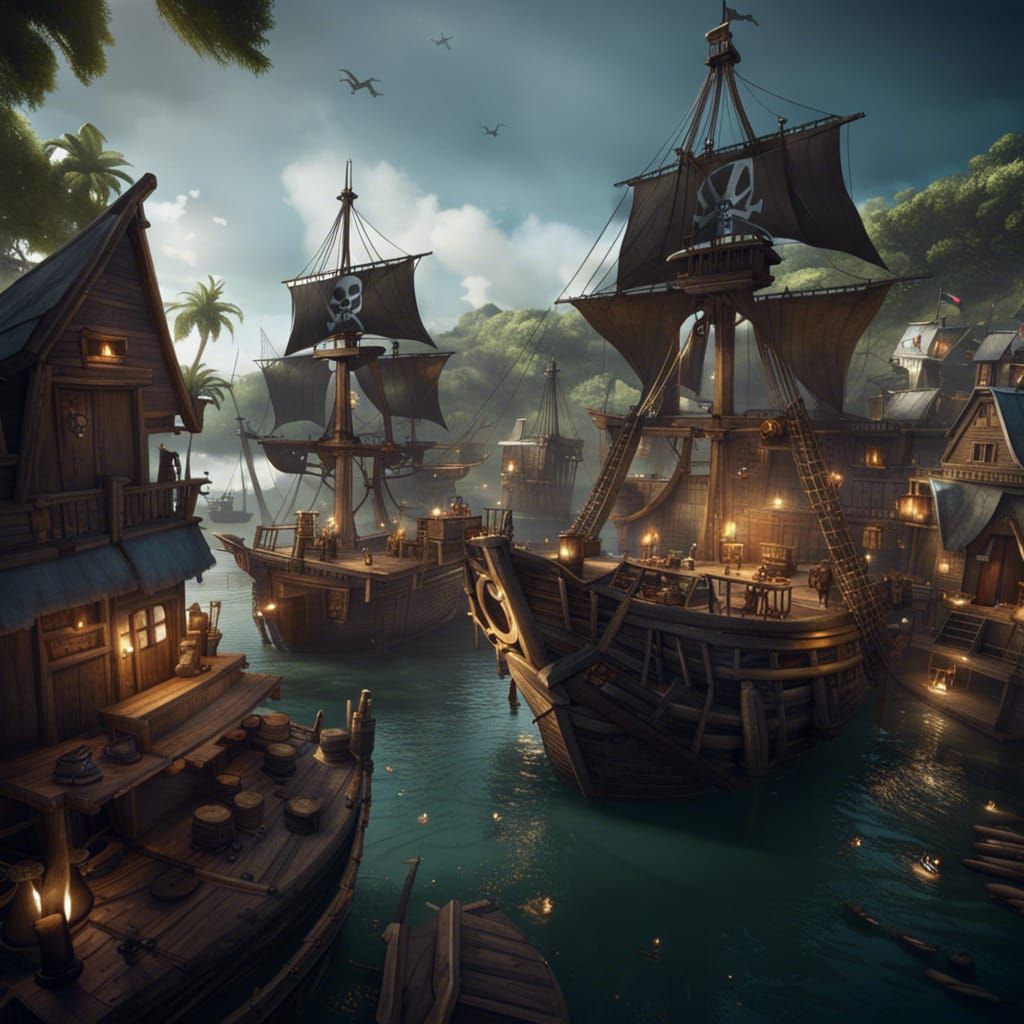 A pirate camp in a harbor full of ships and Jolly Rogers scattered throughout the cabins  by @Bruno