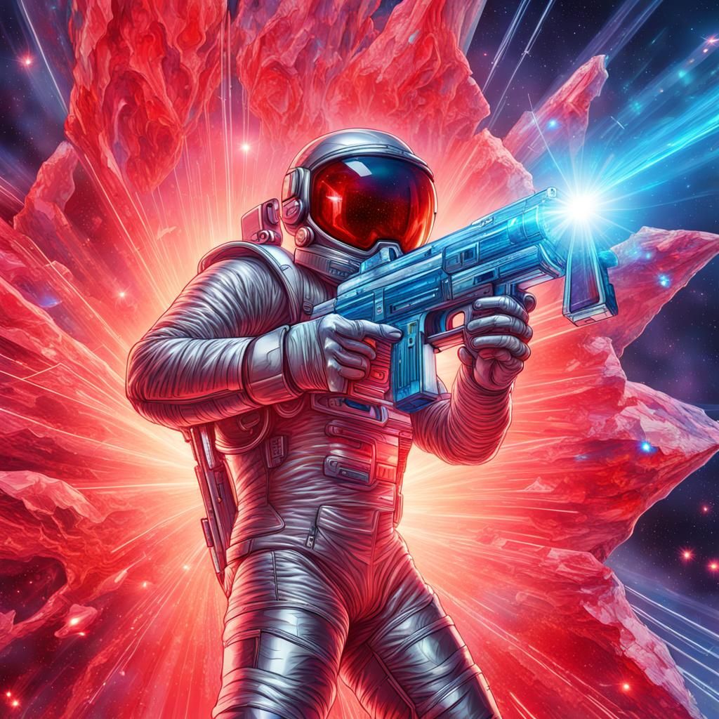 man in spacesuit holds chrome laser gun in hand. gun fires r...