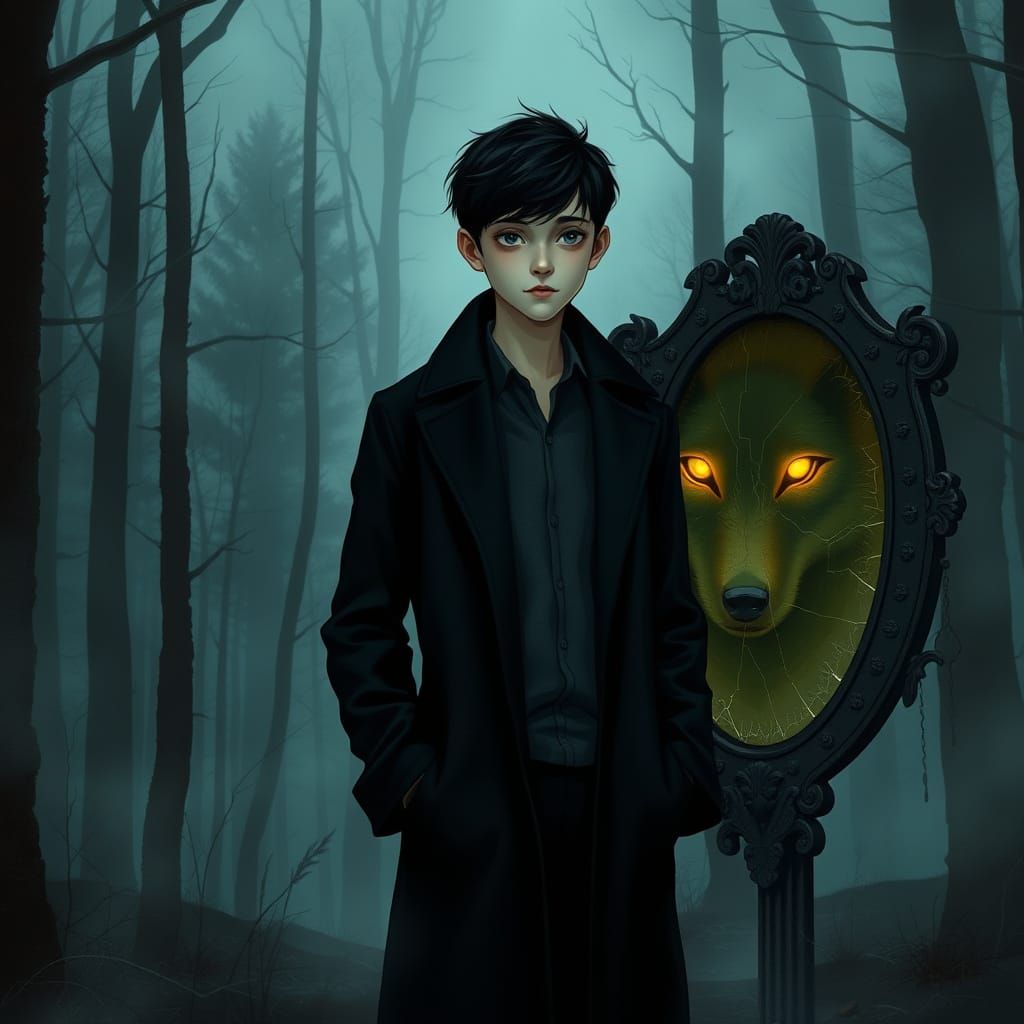 A tall 14-year-old boy, standing alone in a misty, twilight forest, stares into an old, broken mirror on the ground. The boy has striking bl...