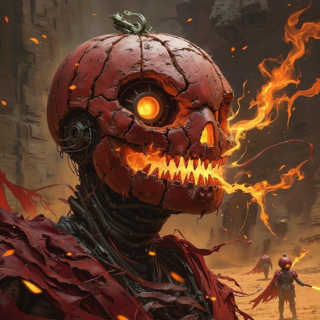 <lora:Badlands Flux:1.0> A spooky jack-o’-lantern head paladin, intense, highly detailed, fire coming out of his mouth and eyes