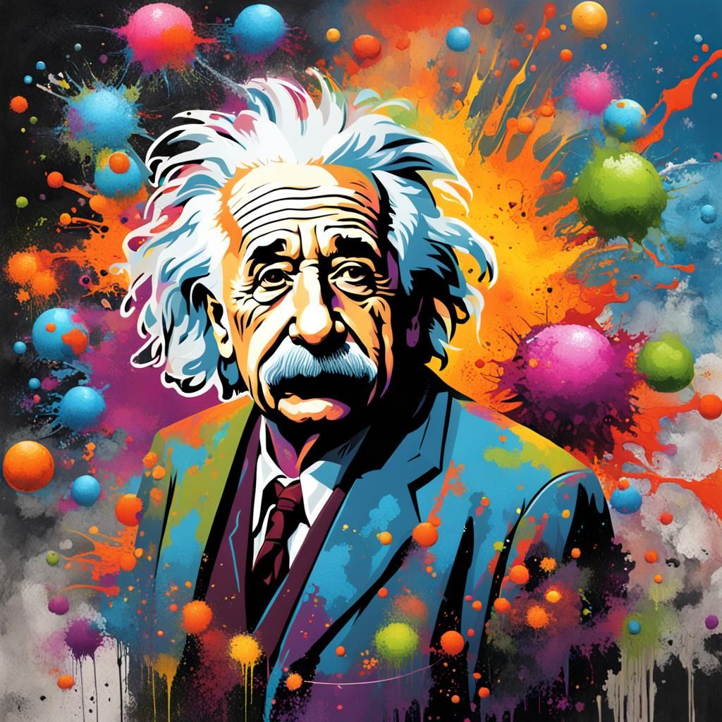 Albert Einstein with a nuclear bomb explosion behind him gra...