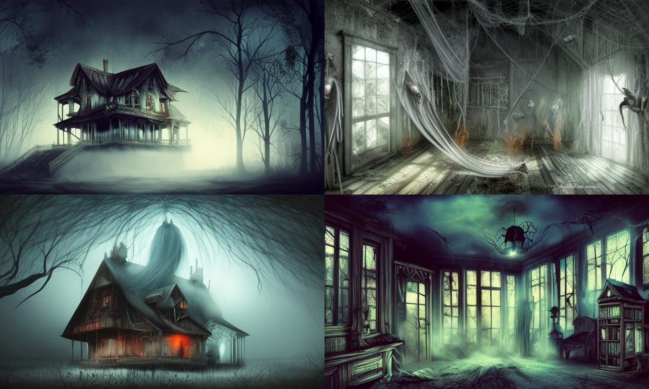 a spooky and haunted location, abandoned house attic, maxima...