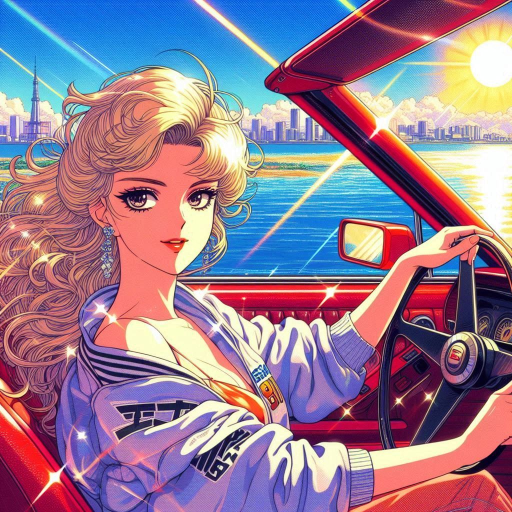 a 1980s anime style image of a blonde haired woman fashion m...