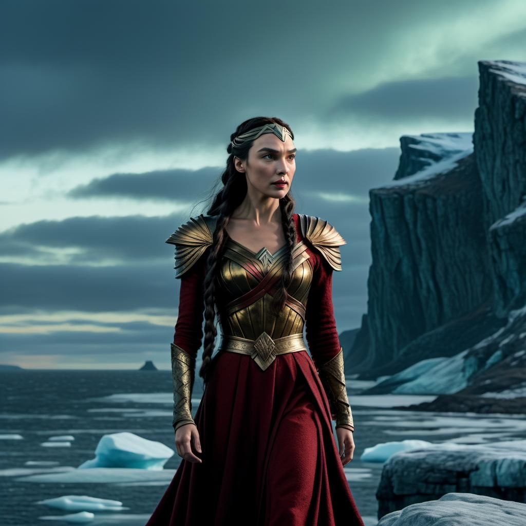 Gal Gadot as Brunhilde with very long dark braids, golden crown, in ...