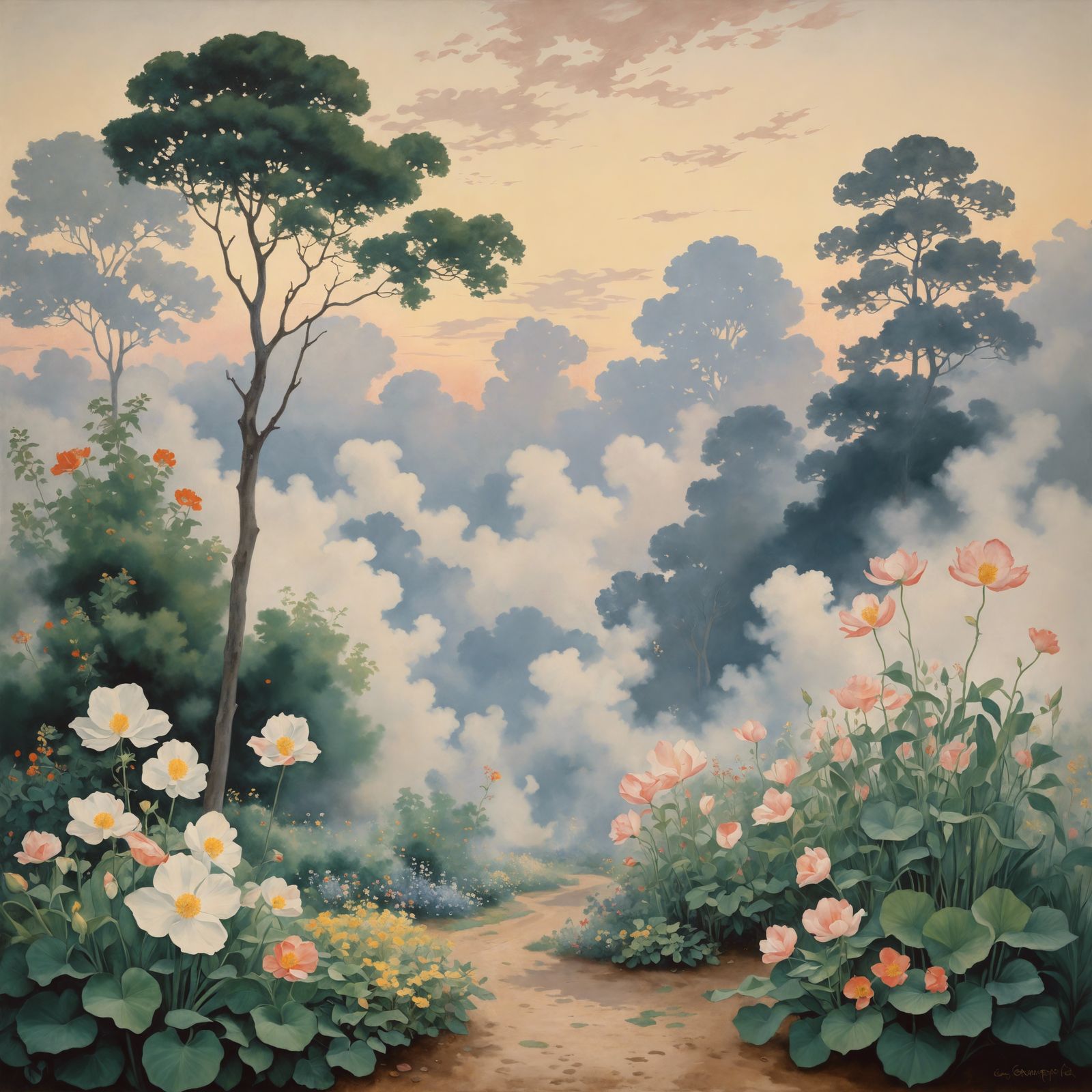 Art by Georgia O'Keeffe, Claude Monet, a mystical garden where each flower and leaf is a wisp of smoke, curling and unfu...