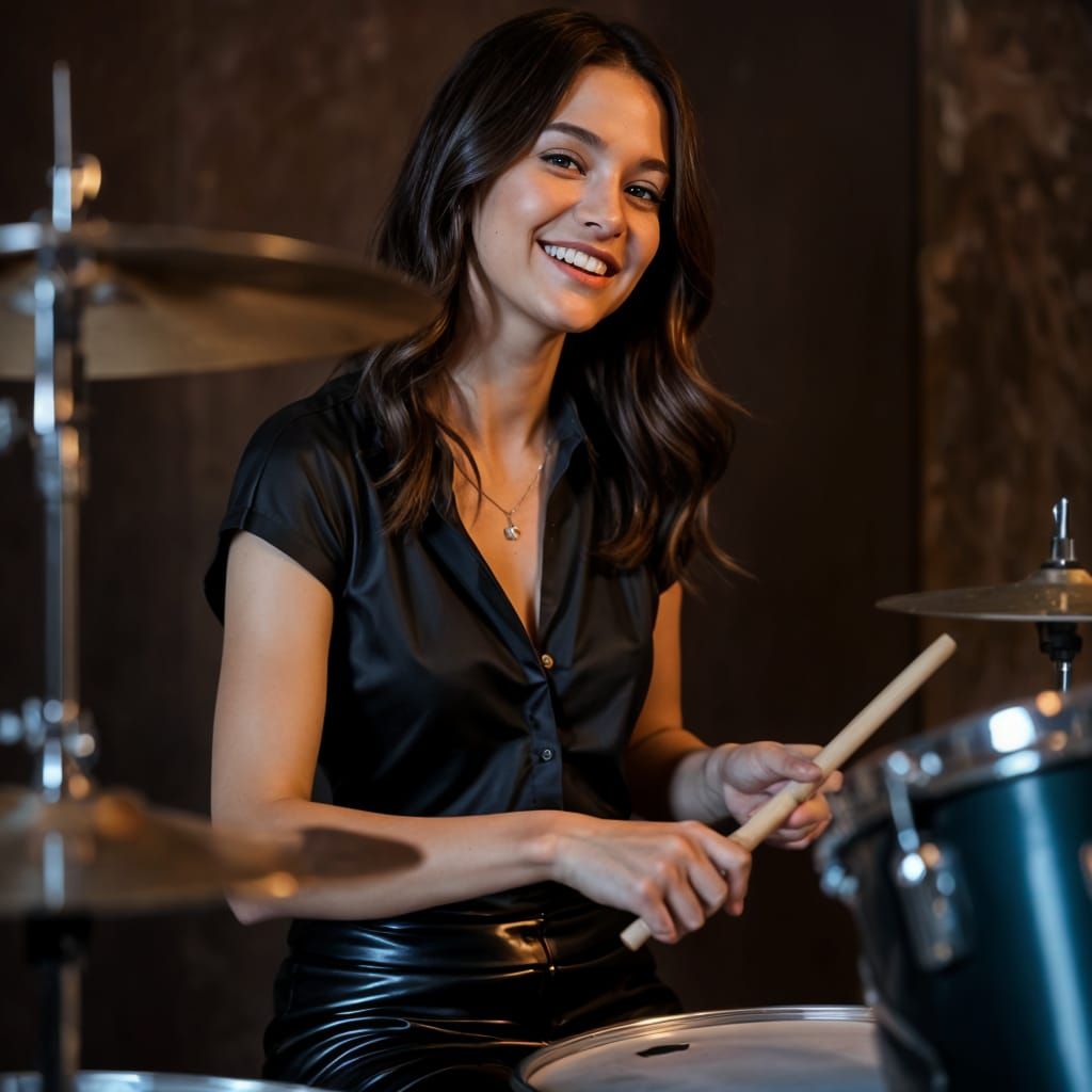 Charismatic Brunette Drummer in Leather Mini Skirt