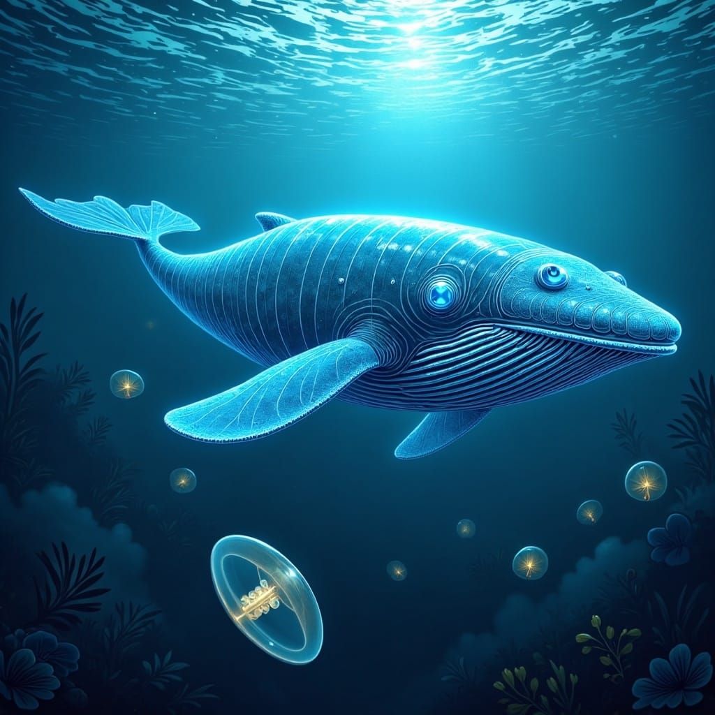 <lora:Munchkin-ish Fl:1.0> Underwater view of a huge fantastical glowing transparent glass whale swimming in the ocean. Surrounded by glowin...