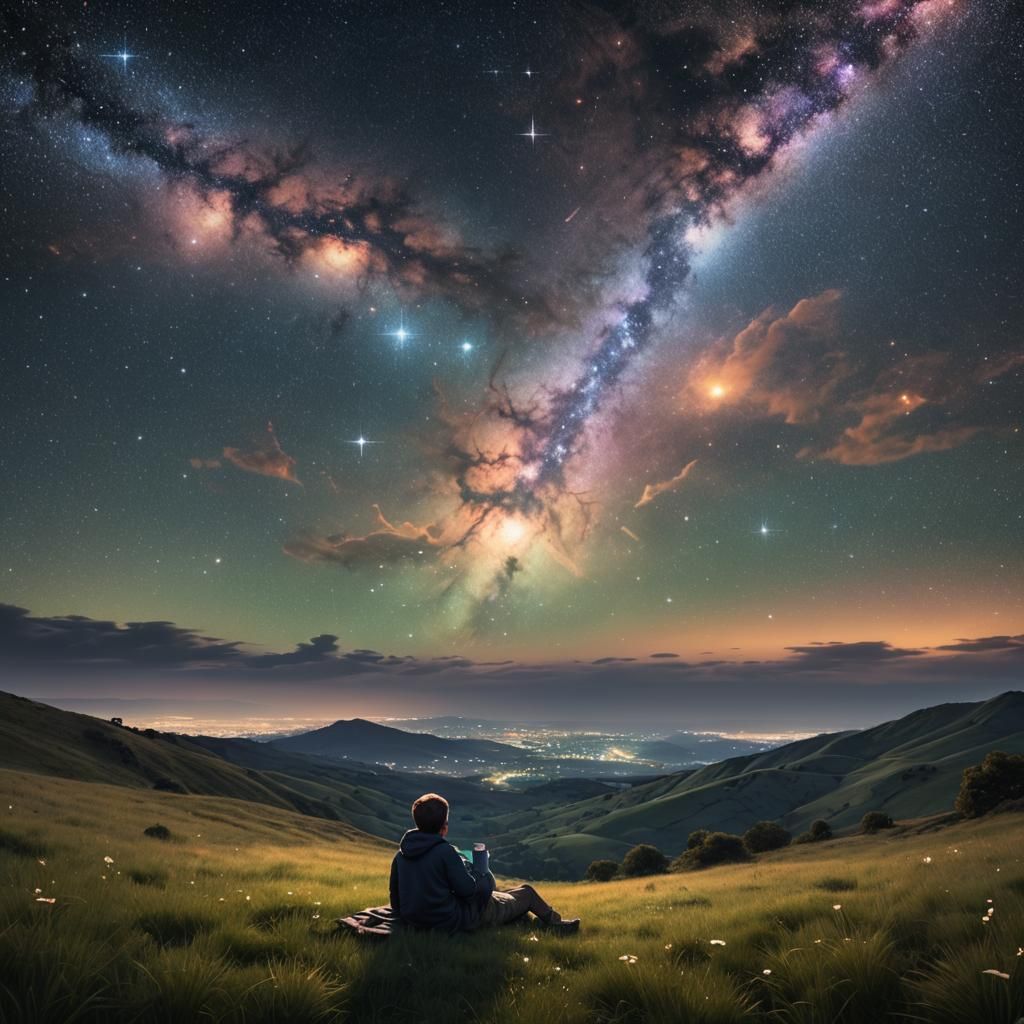 An enchanting view of the night sky from a hilltop