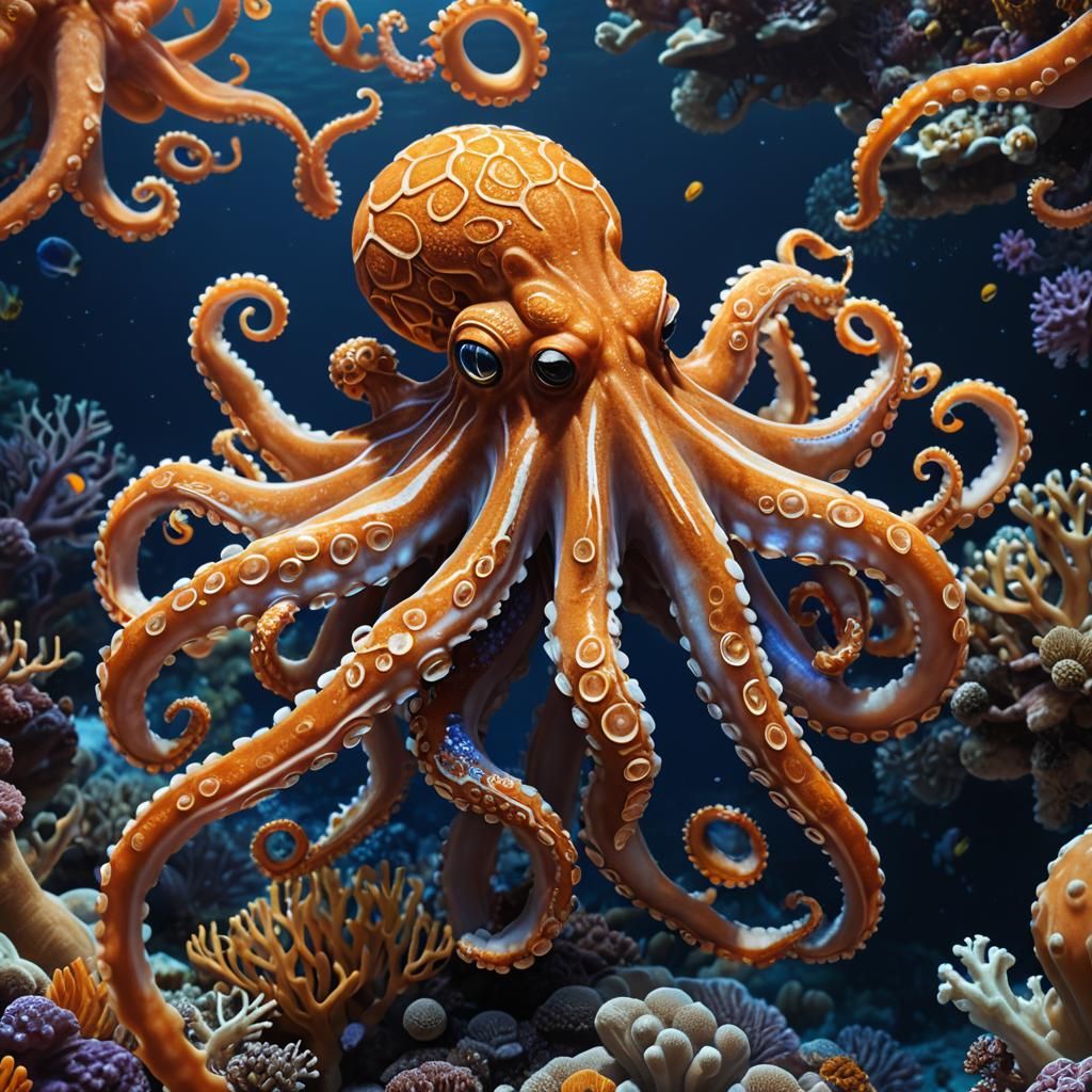 Majestic bio luminescent octopus, peaceful, orange details a...
