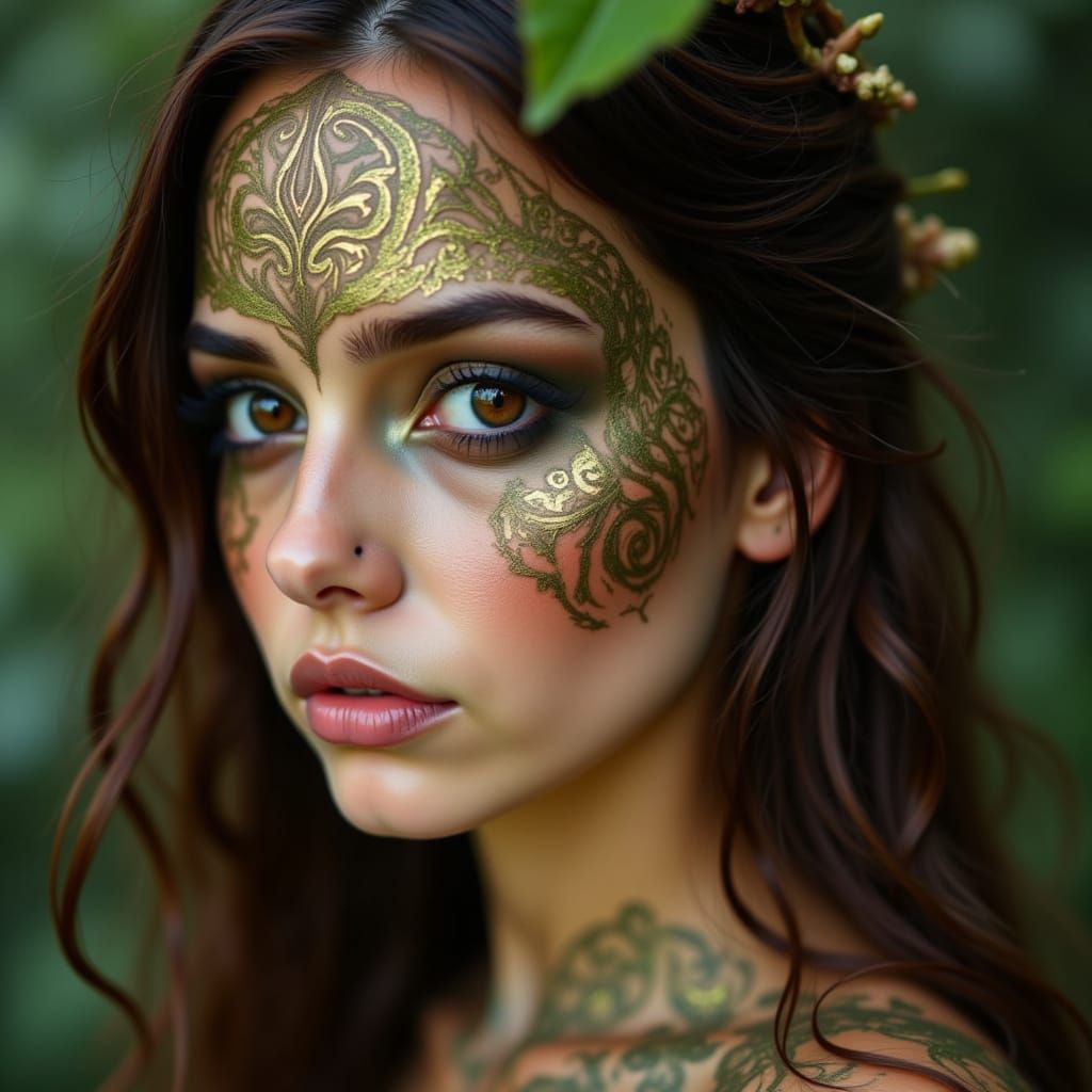 <lora:FaceWorx:1.0>brunette brown eyes FaceWorx: FaceWorx: Celtic Verdant Spiral makeup