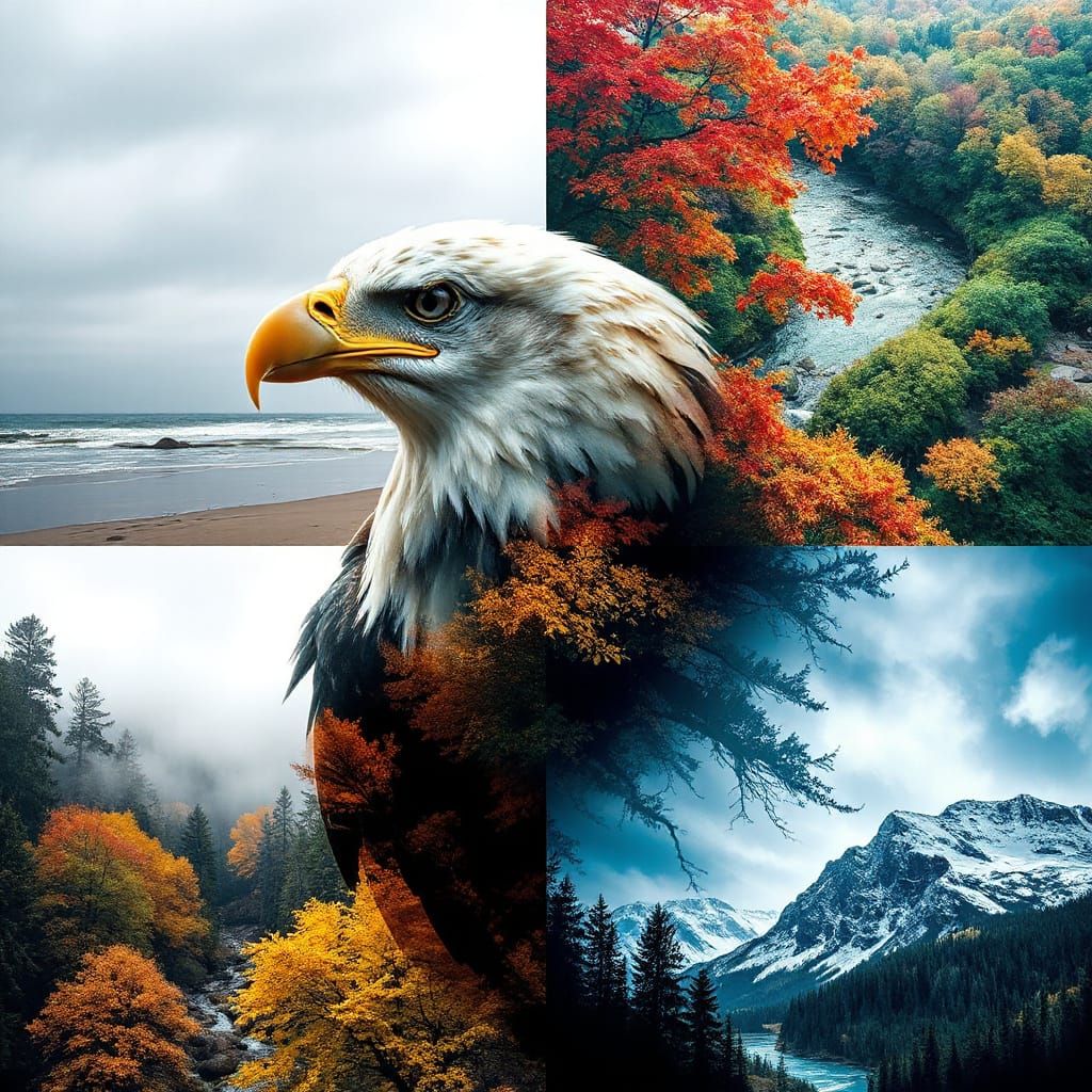 hyperdetailed photorealistic double exposure split eagle portrait collage of four different scenes. top ...  by @SirEdmund