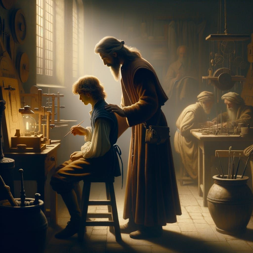 Maître éduquant un apprenti dans un atelier médiéval, détails élevés, historique, réaliste, éclairage ...  by @ le barbouilleur