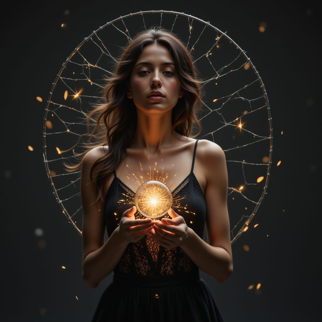 Dark weave broken glass formed into a woman of lovely grace connected to a starlight substance with presence of heartfelt slice, a song of f...