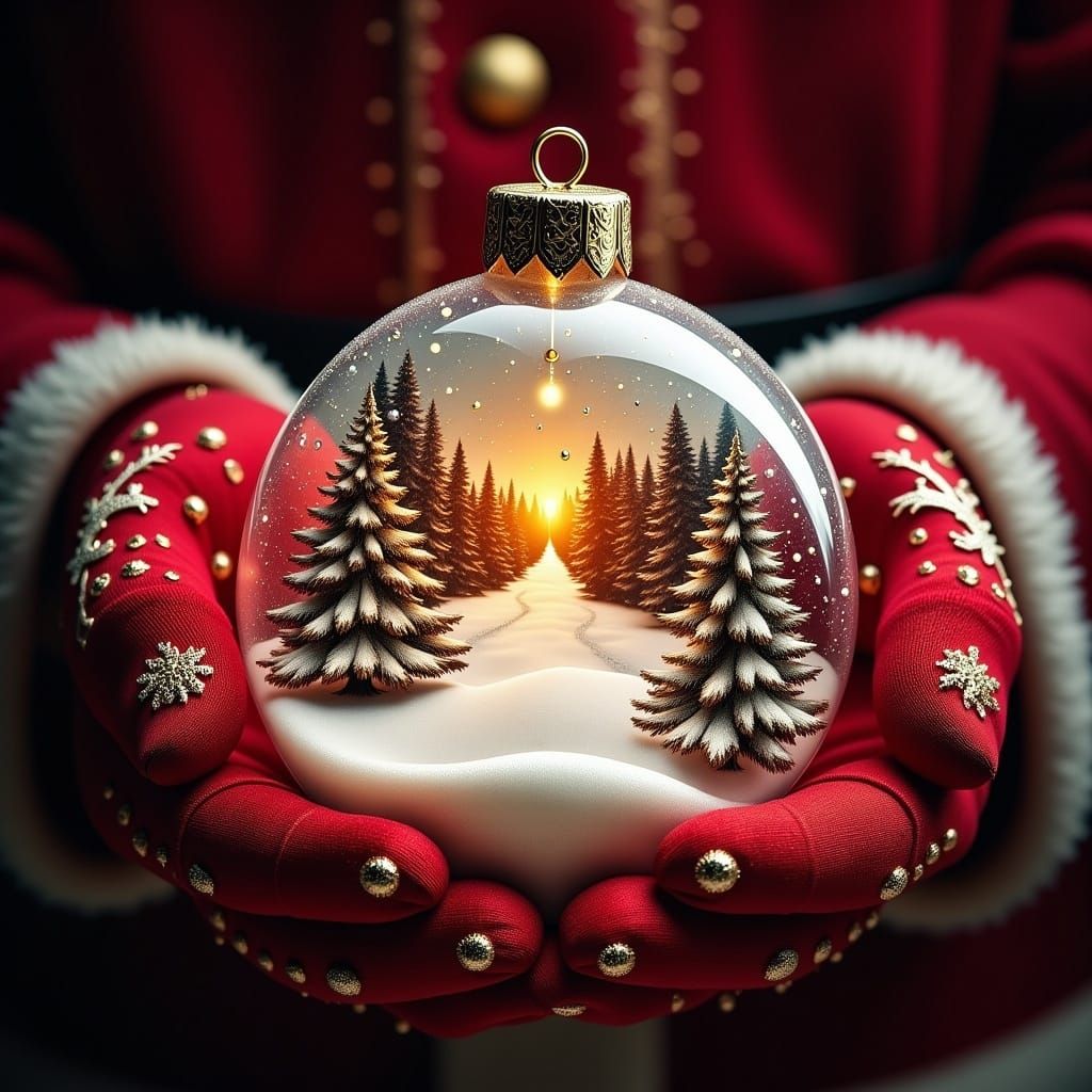 Create a visually festive winter scene dominated by red and white colors. At the center, visualize large glass ornament held by two hands co...