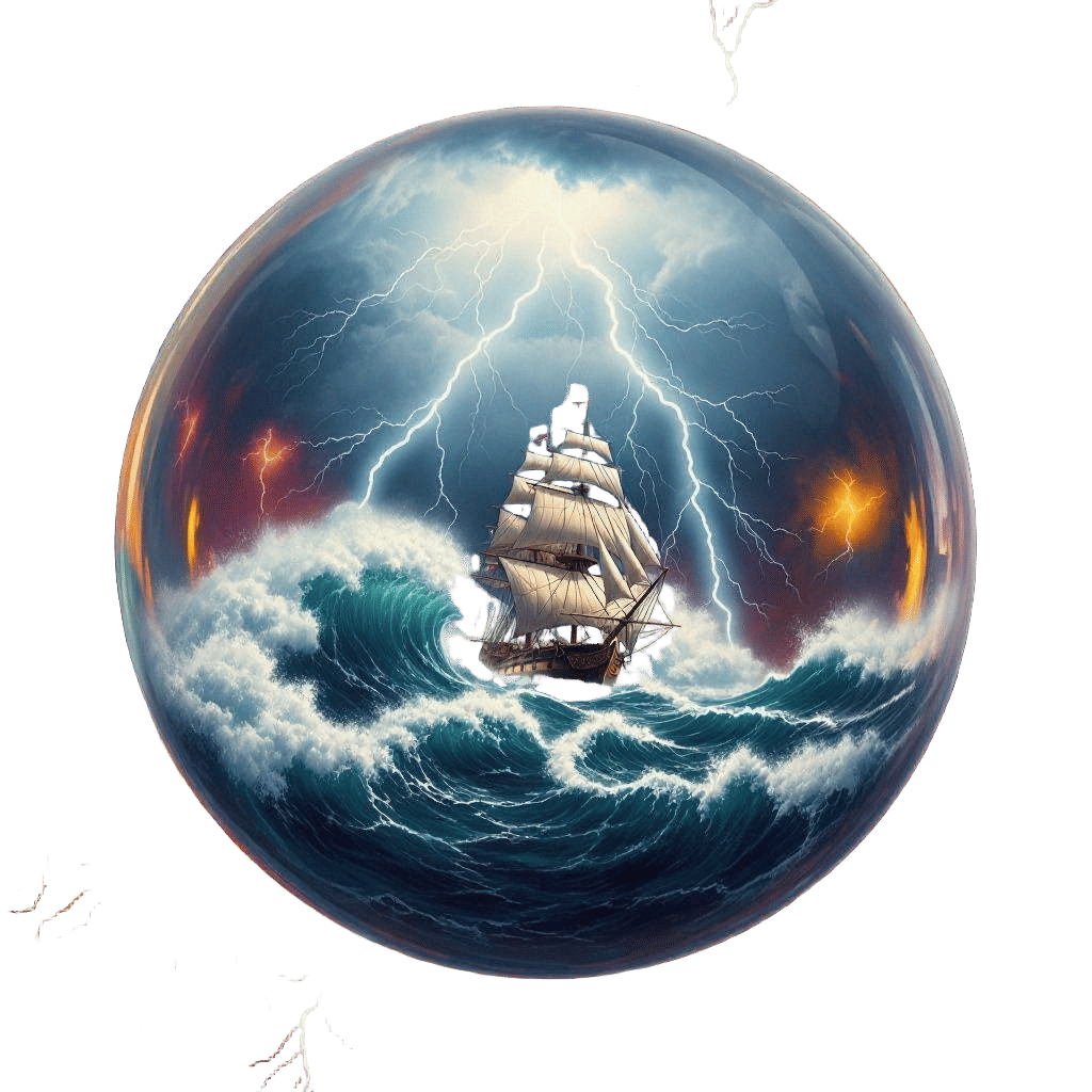 ים בסערה עם סופת ברקים ואוניה בין הגלים וכל זה כלוא בתוך כדור זכוכית 