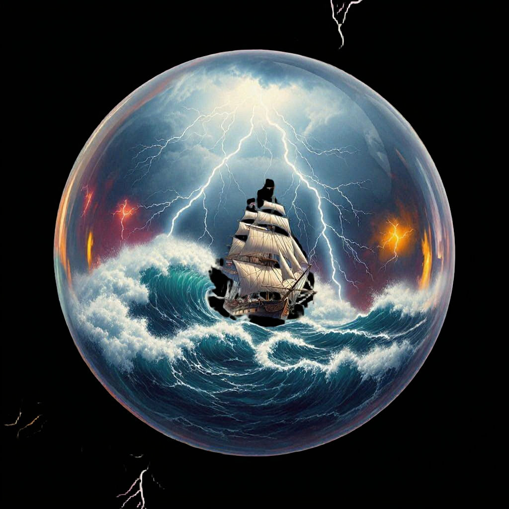 Stormy Sea in Glass Orb with Ship and Lightning