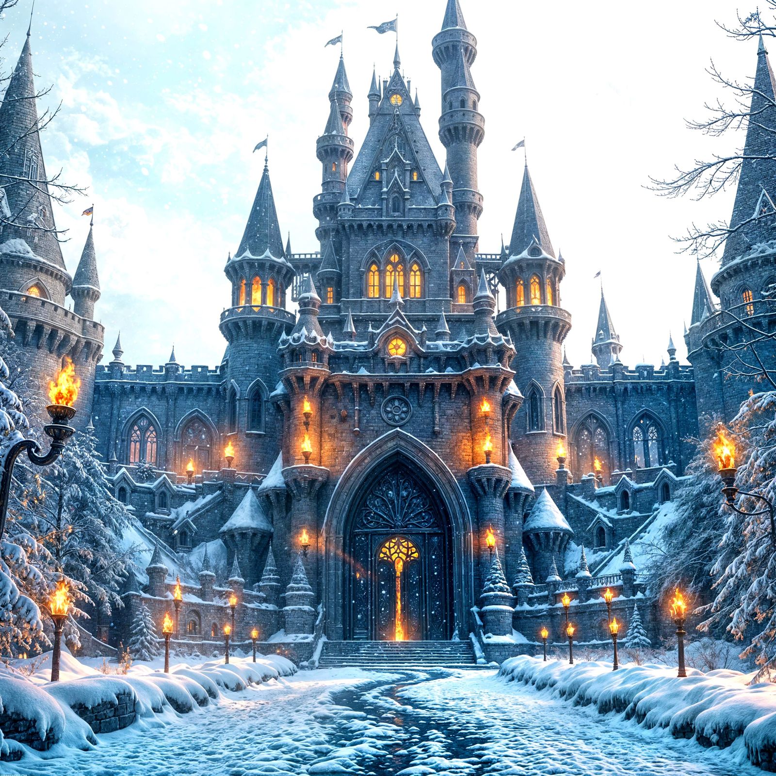 A large, magnificent Fantasy castle as if captured from .
 Winter landscape with burning torches on the ...  by @Ariel-The-Angel