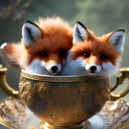 Cute fluffy baby fox curled up inside of an ornate teacup, detailed