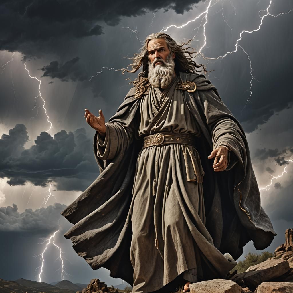 A photorealistic image of the prophet Elijah, a weathered ye...