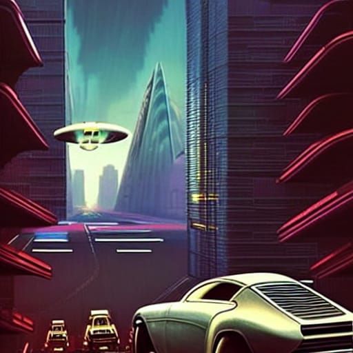futuristic city streetscape 50s retro scifi retrofuturism re...