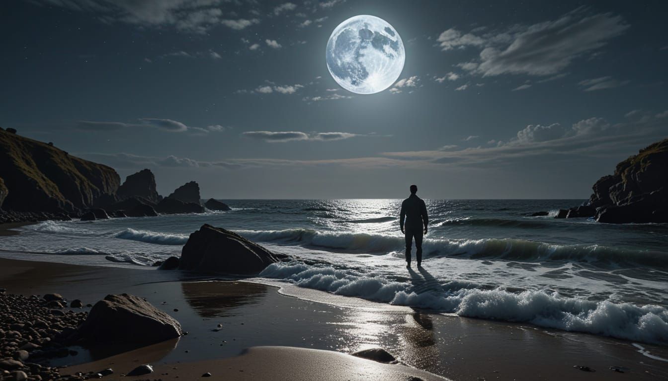 a hyper-realistic, cinematic photograph of a lone figure standing on a rocky beach, gazing out at the ...  by @aNta