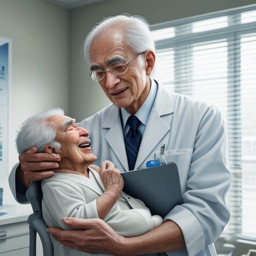 A distinguished elderly physician tends a newborn child. Child?