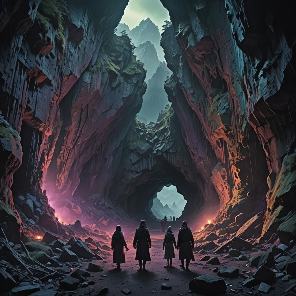 Eerie Cave Entrance with Ghostly Figures: Digital Matte Pain...
