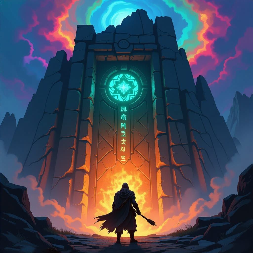 Lone Wanderer at Ancient Doorway in Fantasy RPG Style