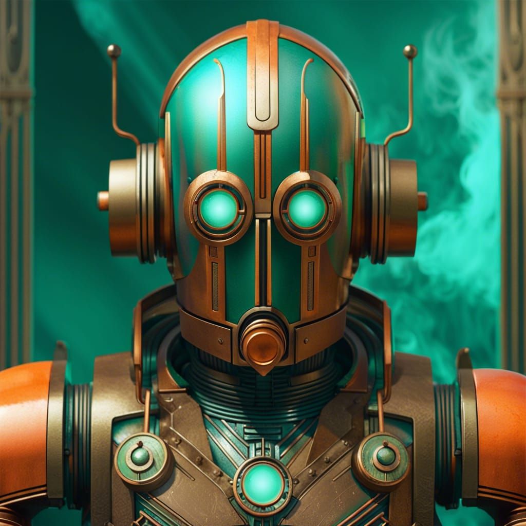 ( ( symmetry ) ) closeup portrait of an art deco bronze robo...