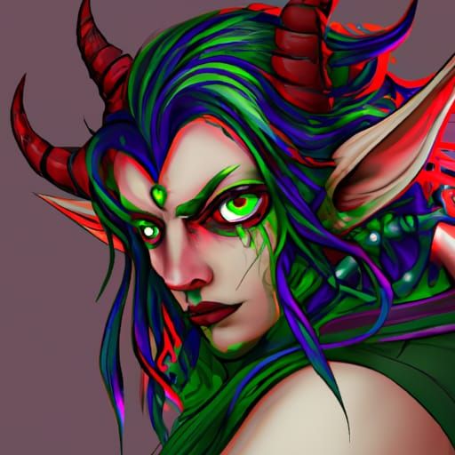 demon woman long green nose red eyes purple hair black ears - AI ...