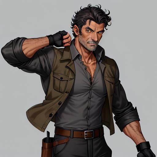Male adventurer, adult, handsome, in his mid 40s, dark curly...