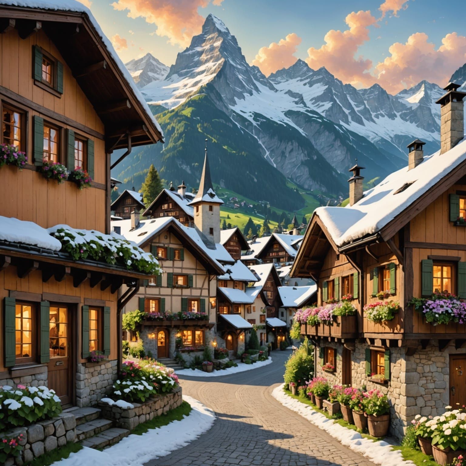 A quaint Swiss village nestled in a valley, with charming chalets featuring flower-filled window boxes. ...  by @Ali