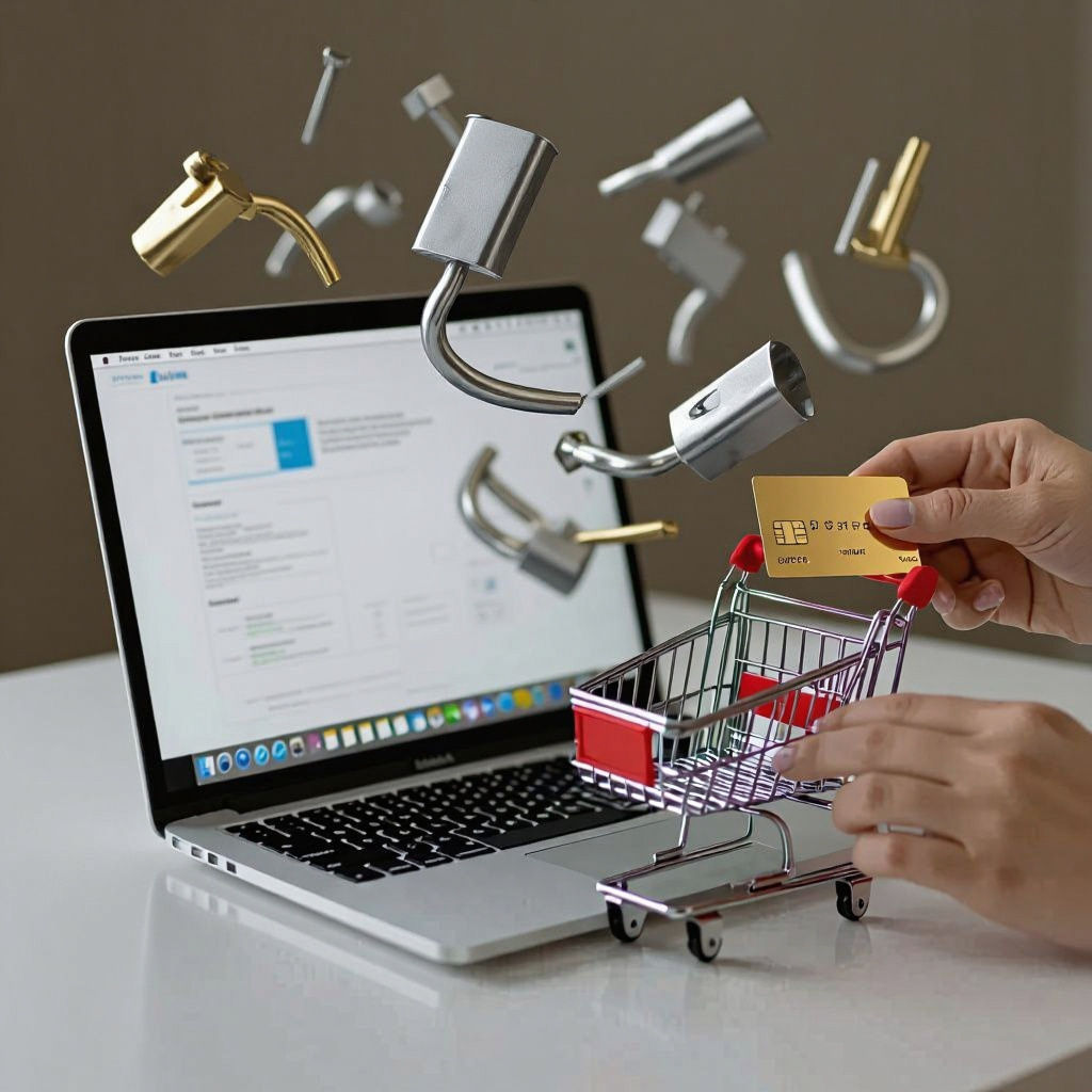 A high-resolution, ultra-realistic, slightly overhead shot capturing a modern e-commerce transaction. The central focus is on an open, sleek...