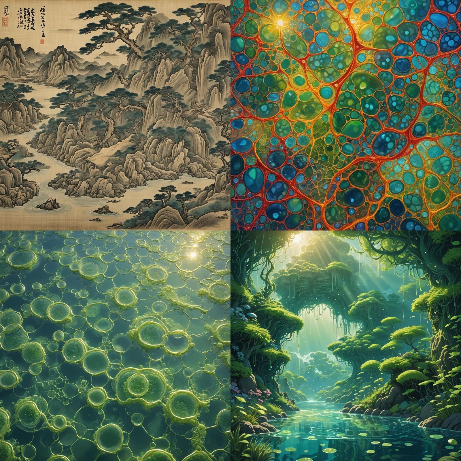 微藻进行光合作用的示意图，元素包括光照、吸收二氧化碳和水并释放氧气的过程。