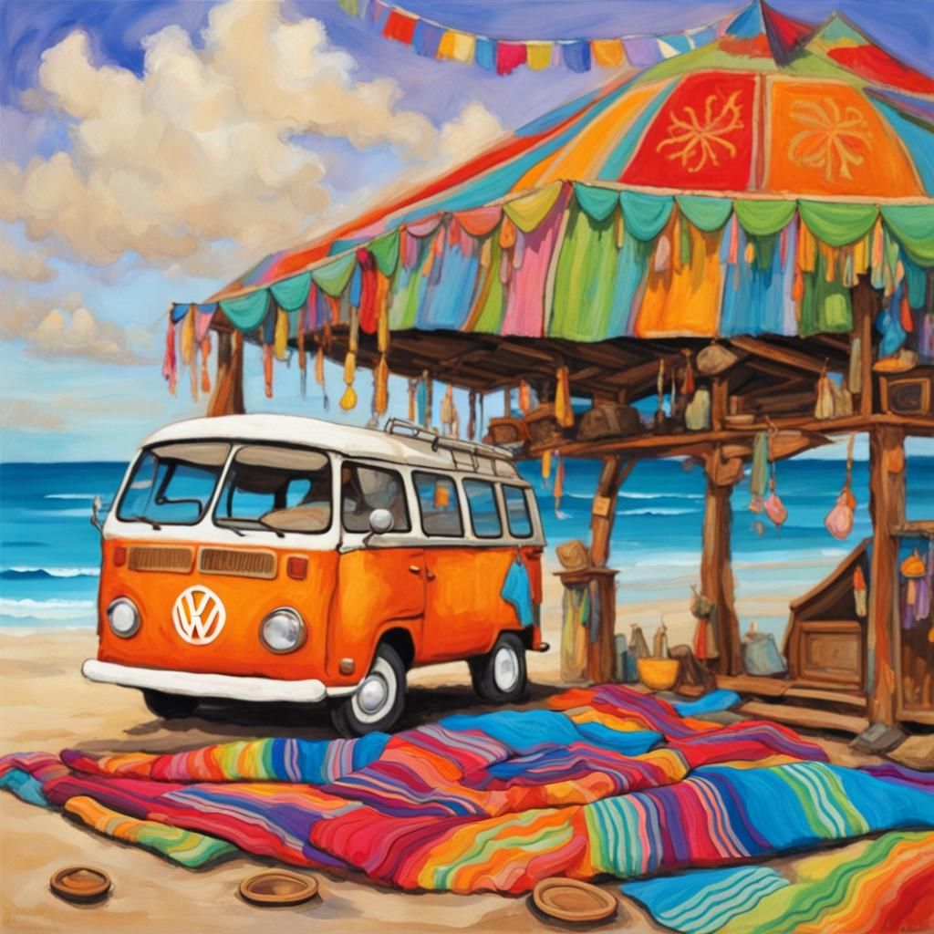 A VW hippie bus and hippies are out on the beach, celebrating in style with colorful blankets and decor, ...  by @Philip Merritt