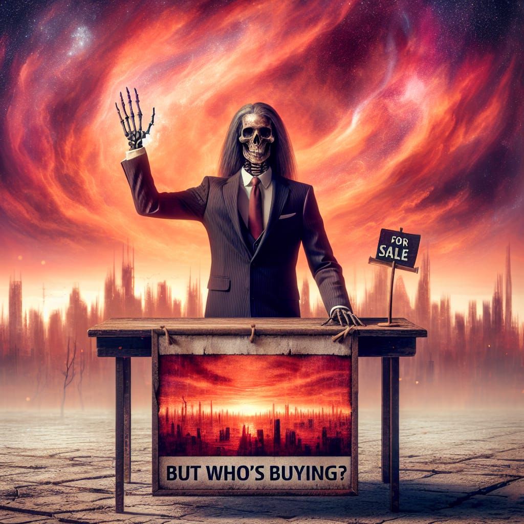 Skeletal Salesman in Dystopian Cityscape